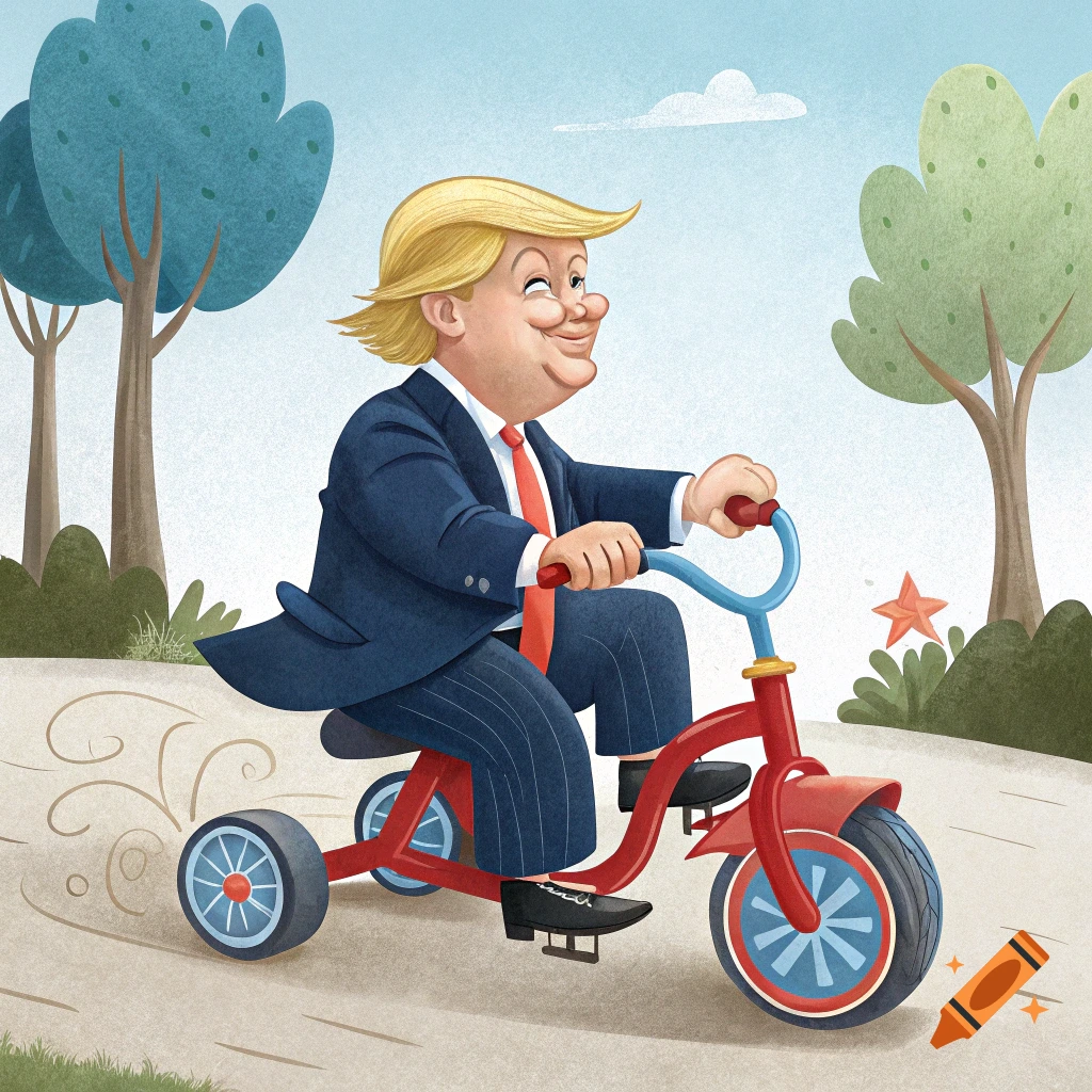 Cartoon illustration of Donald Trump smiling while riding a red tricycle outdoors.