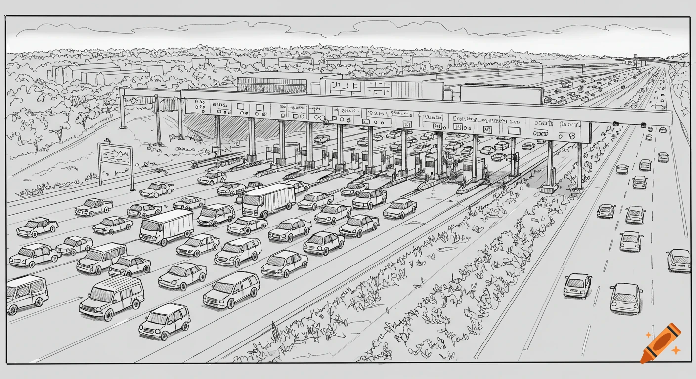 A pen-and-ink sketch of a busy highway leading to an 8-lane toll plaza with queued traffic.