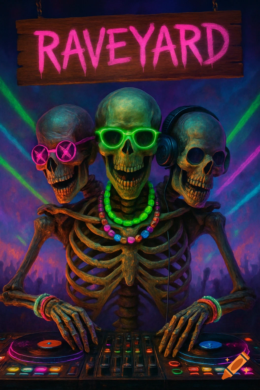 A three-headed skeleton DJ wearing neon sunglasses and beads, playing at a vibrant rave with a 'RAVEYARD' sign.