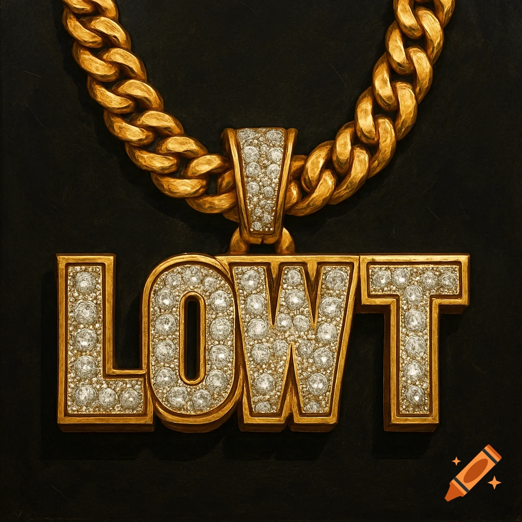 A close-up photorealistic image of a heavy gold chain with a diamond-encrusted pendant spelling out 'LOW T'.