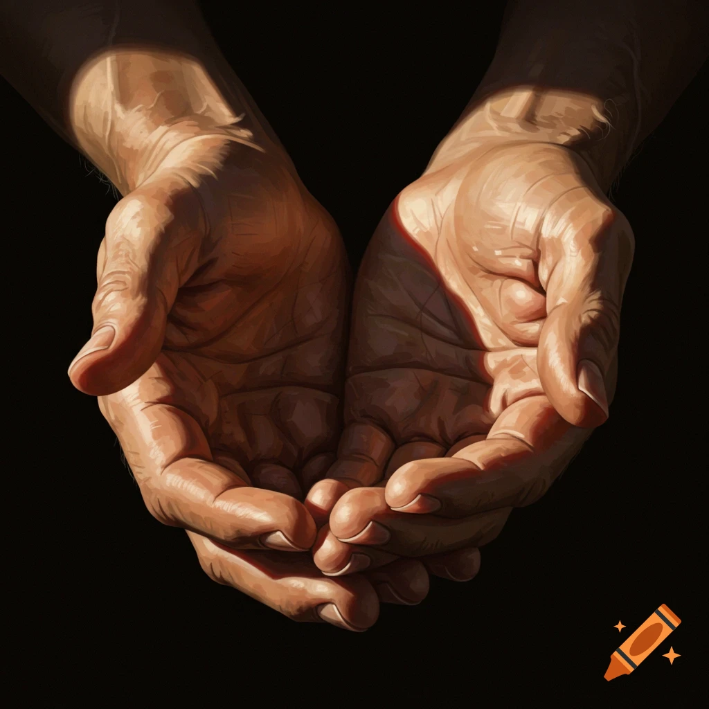 Two cupped hands illuminated by dramatic light against a dark background, realistic style.