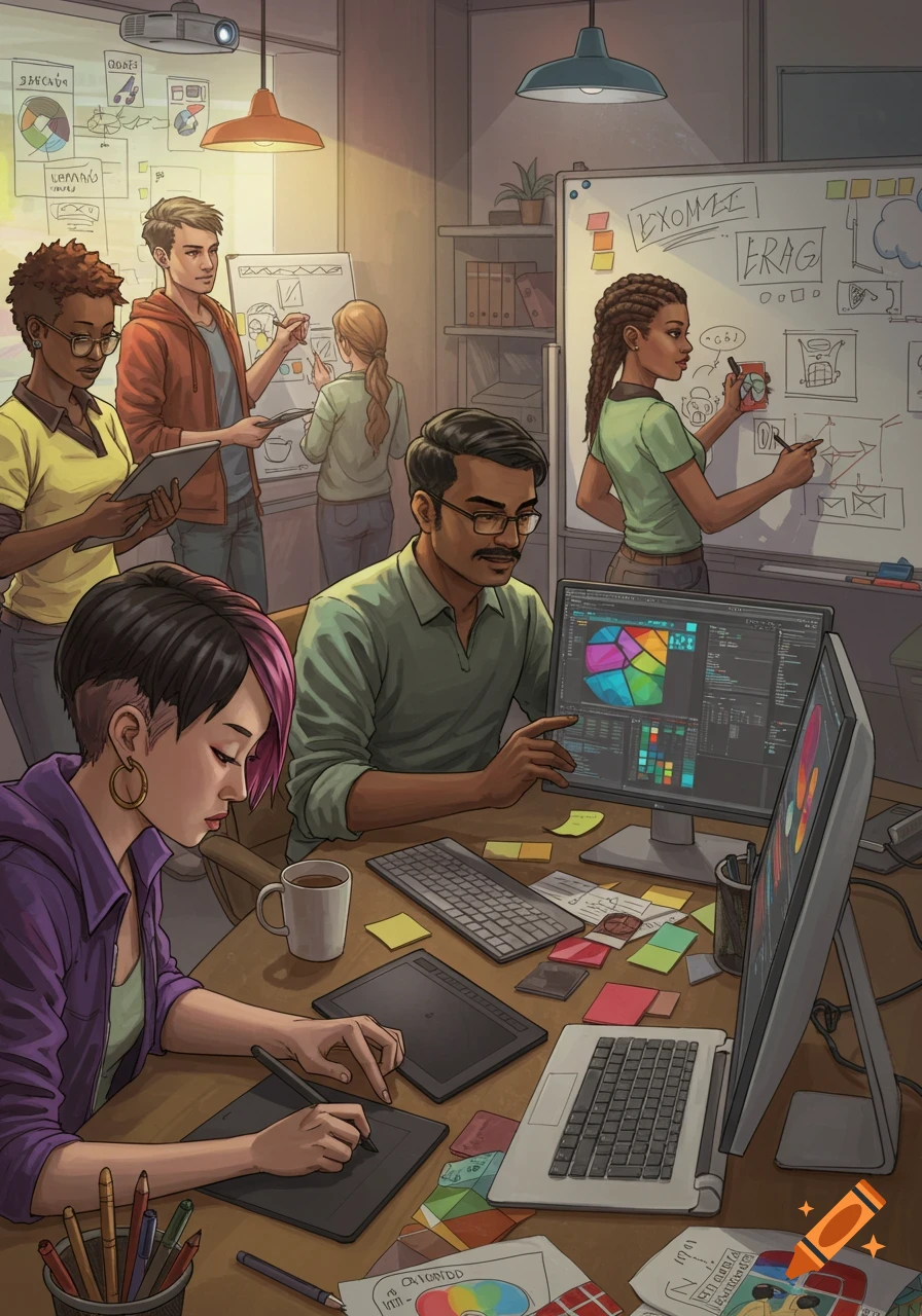 An illustration depicting a busy graphic design agency team working in their office. People are collaborating on whiteboards and working on computers with graphics software.