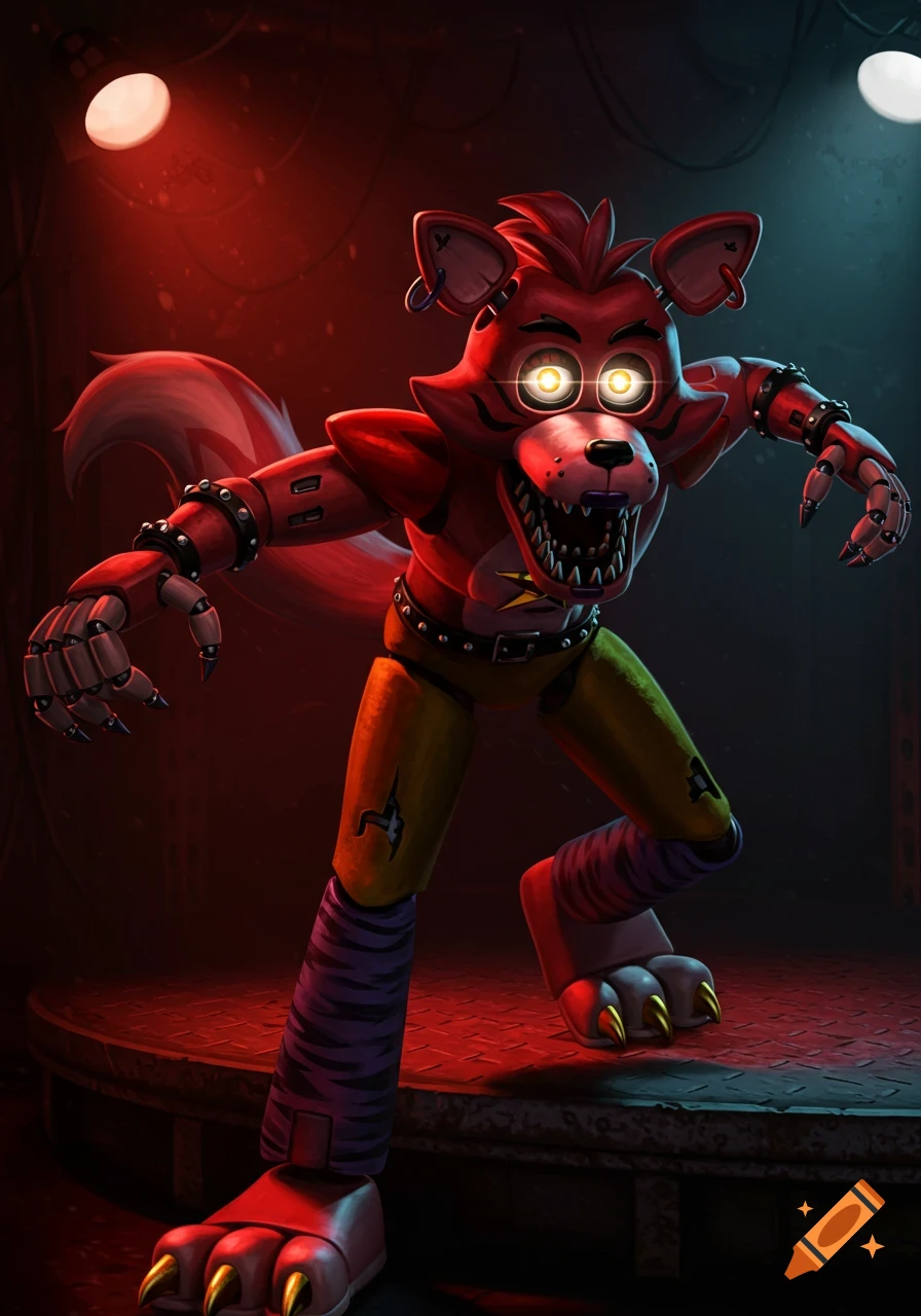 A menacing red animatronic wolf character with glowing yellow eyes and sharp teeth stands on a stage bathed in red and blue light, in the style of Five Nights at Freddy's.