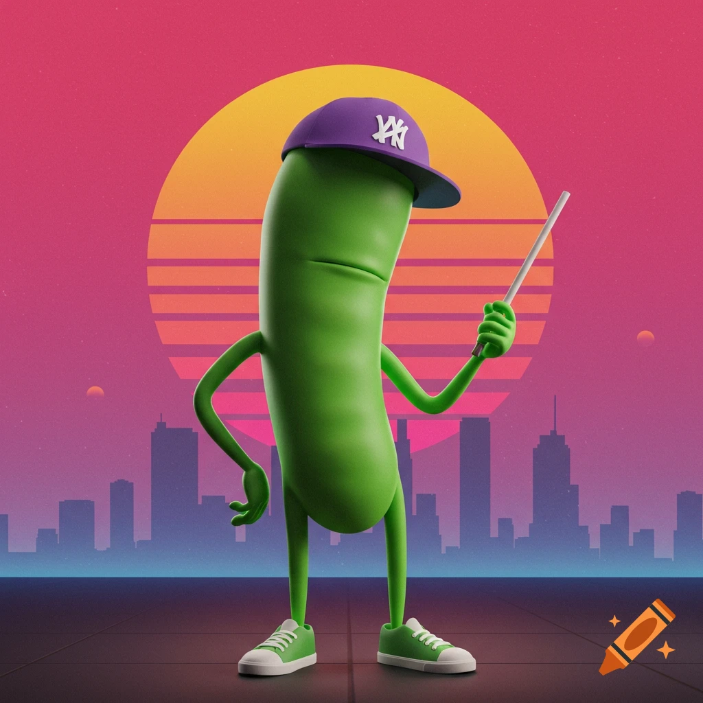 A 3D green bean character wearing a purple cap and green sneakers stands against a retro sunset and city skyline background.