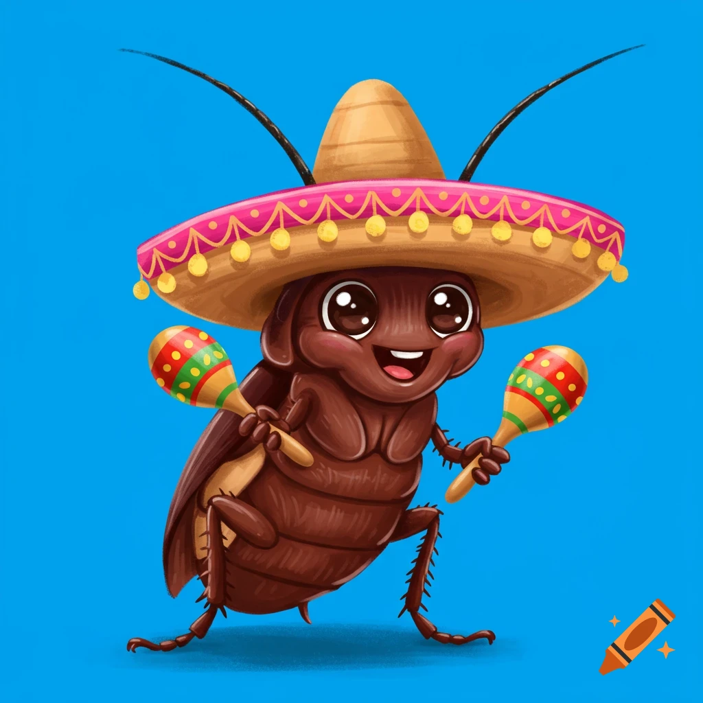 A cute cartoon cockroach wearing a sombrero and holding two maracas against a blue background.
