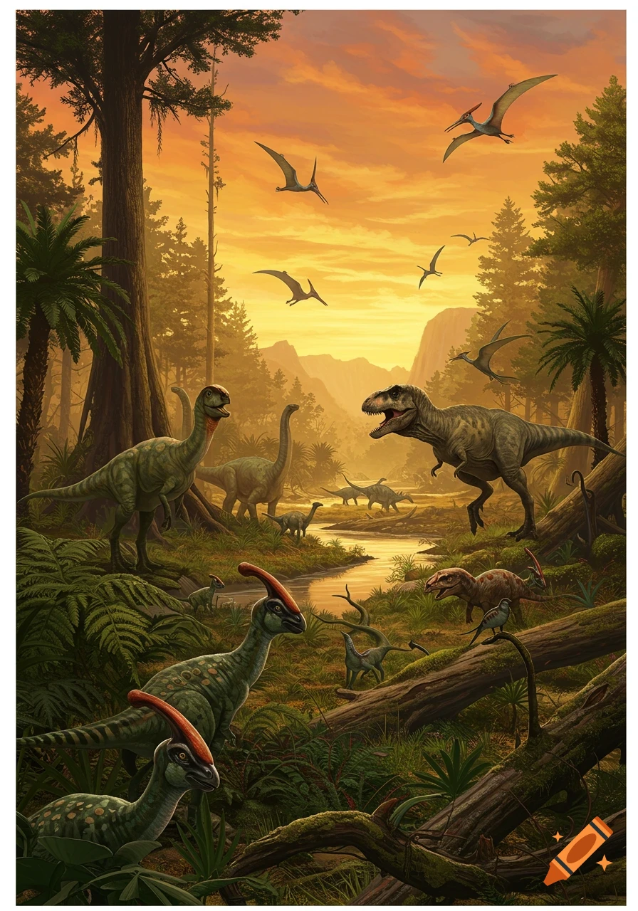 A vibrant illustration of dinosaurs in a lush prehistoric jungle at sunset, featuring a roaring T-Rex, Parasaurolophus, and flying Pterodactyls.