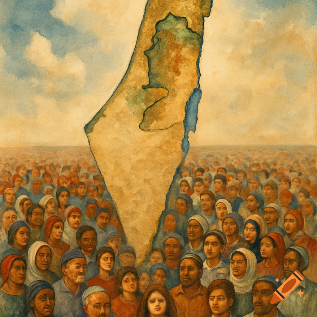 Watercolor painting of the Israel/Palestine map rising above a diverse crowd of people under a cloudy sky.