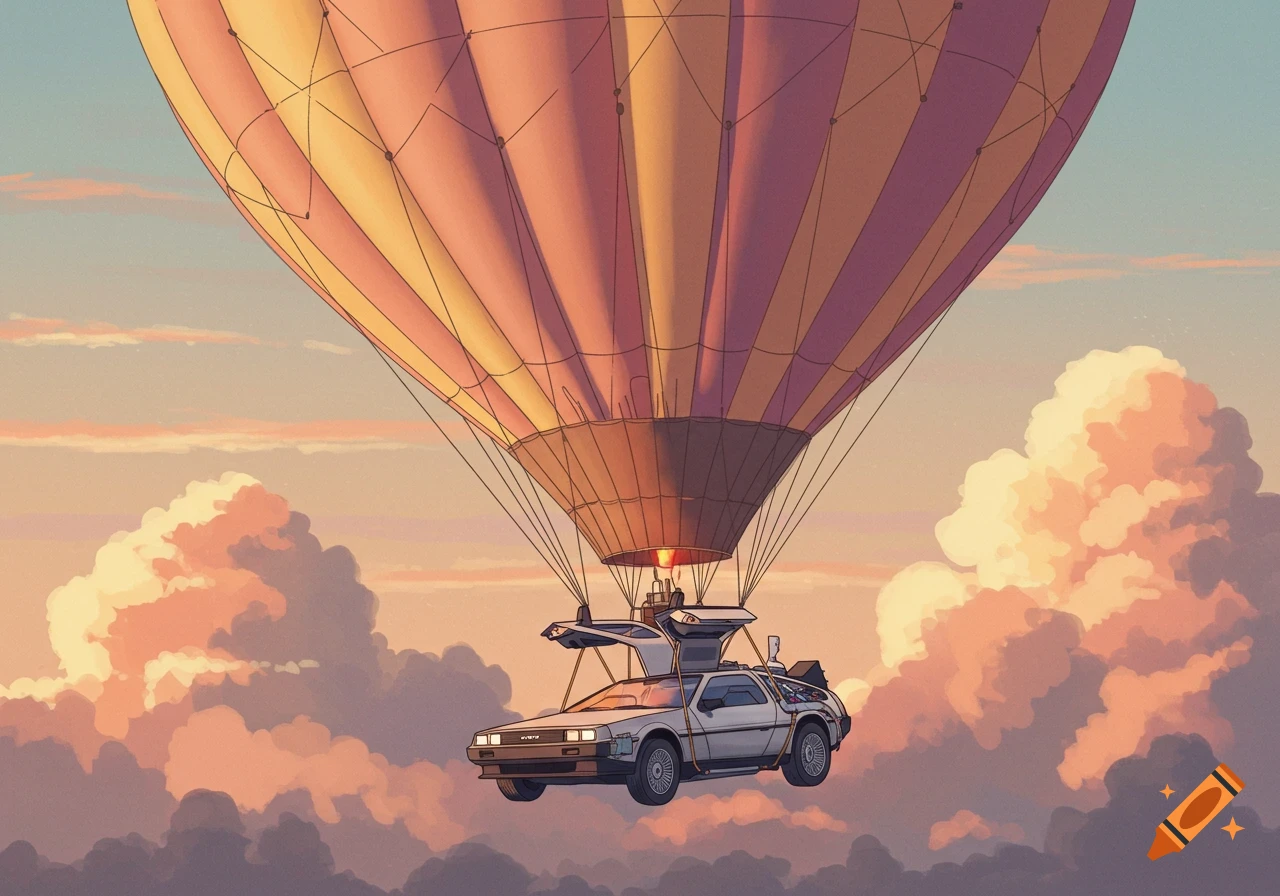 A DeLorean time machine hangs from a large hot air balloon, flying high above clouds at sunset in an anime style.