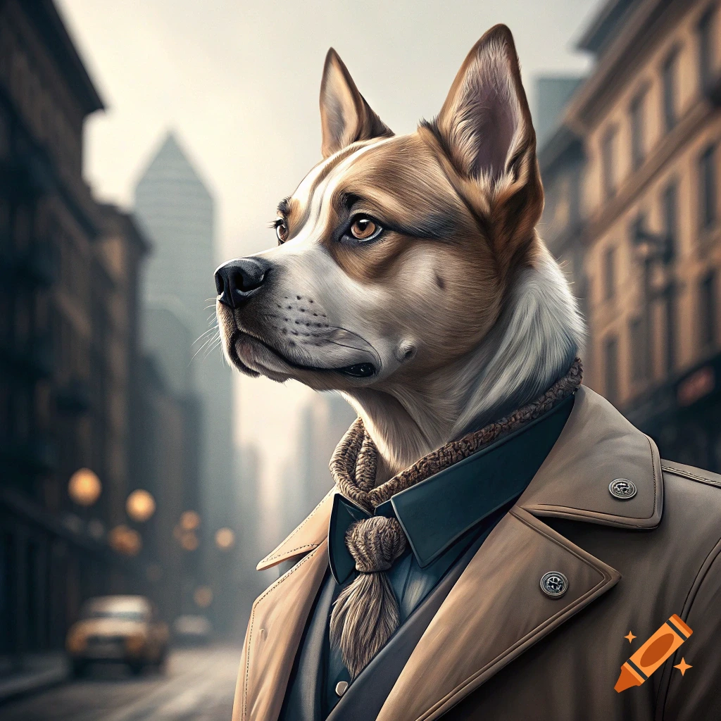 Photorealistic image of a brown and white dog wearing a trench coat and tie, standing on a city street.