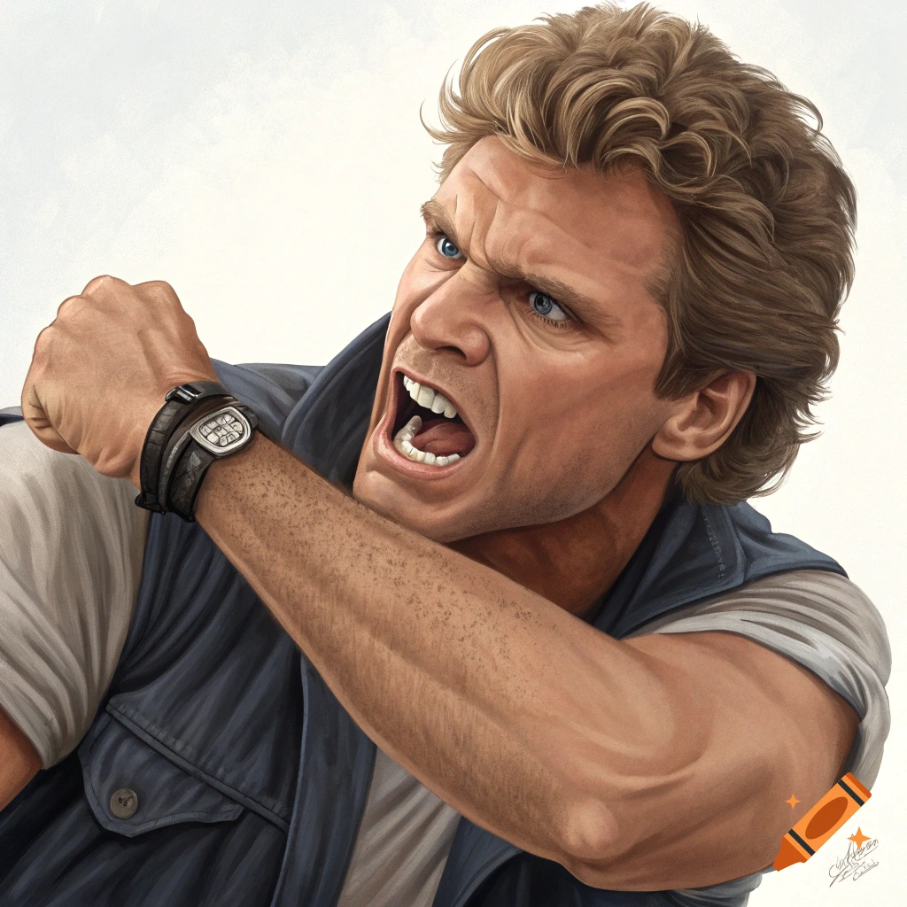 A close-up illustration of a man with blonde hair and blue eyes, intensely shouting with an open mouth and clenched fist, wearing a dark blue vest and a watch.