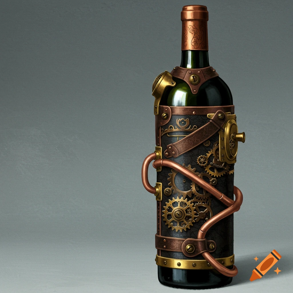 Steampunk wine bottle adorned with brass gears, copper pipes, and leather straps against a gray background.