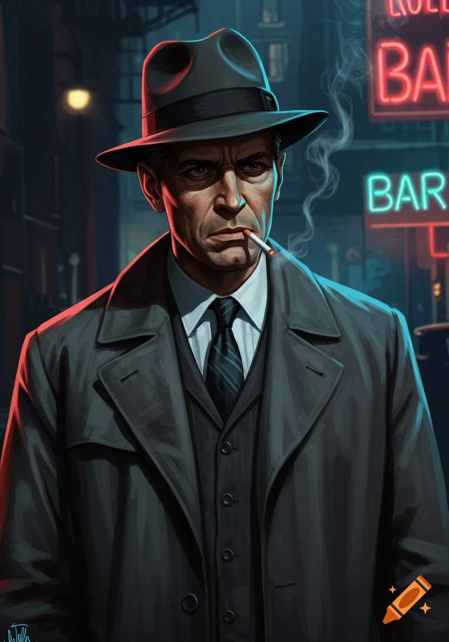 A serious-looking 1940s detective in a fedora and trench coat smokes a cigarette on a dark city street with neon bar signs, in a noir illustration style.