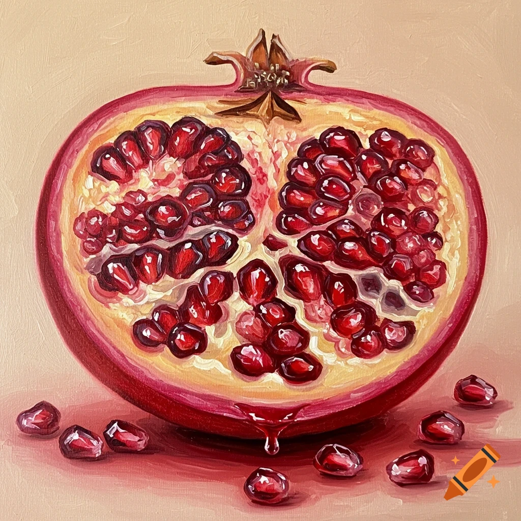 A vibrant oil painting of a heart-shaped pomegranate cut open, revealing glistening red seeds and a drop of juice dripping down. Scattered seeds lie around it on a light background.