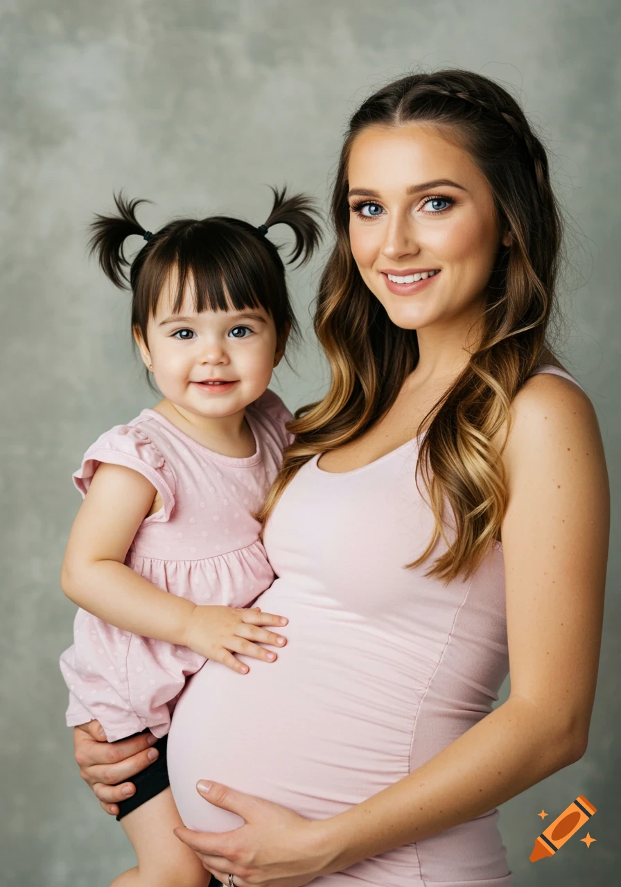 A pregnant woman in a pink top holds her smiling young daughter with pigtails in a studio portrait.