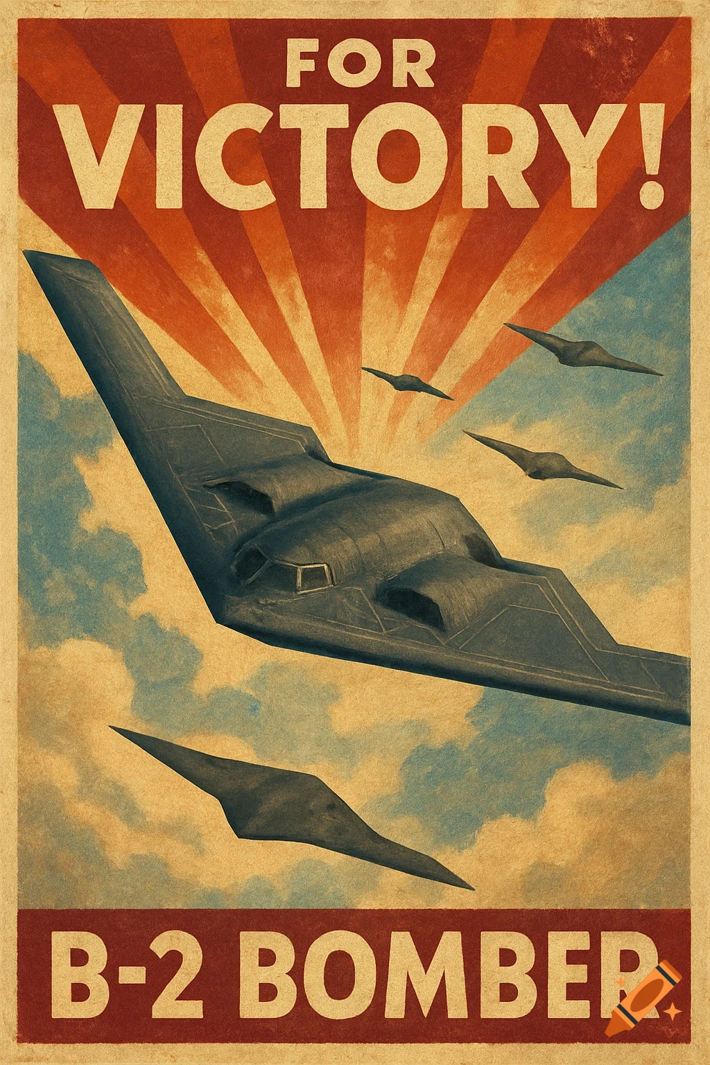 Retro propaganda poster of B-2 bombers flying with sun rays behind them, text reads 'FOR VICTORY!' and 'B-2 BOMBER'.