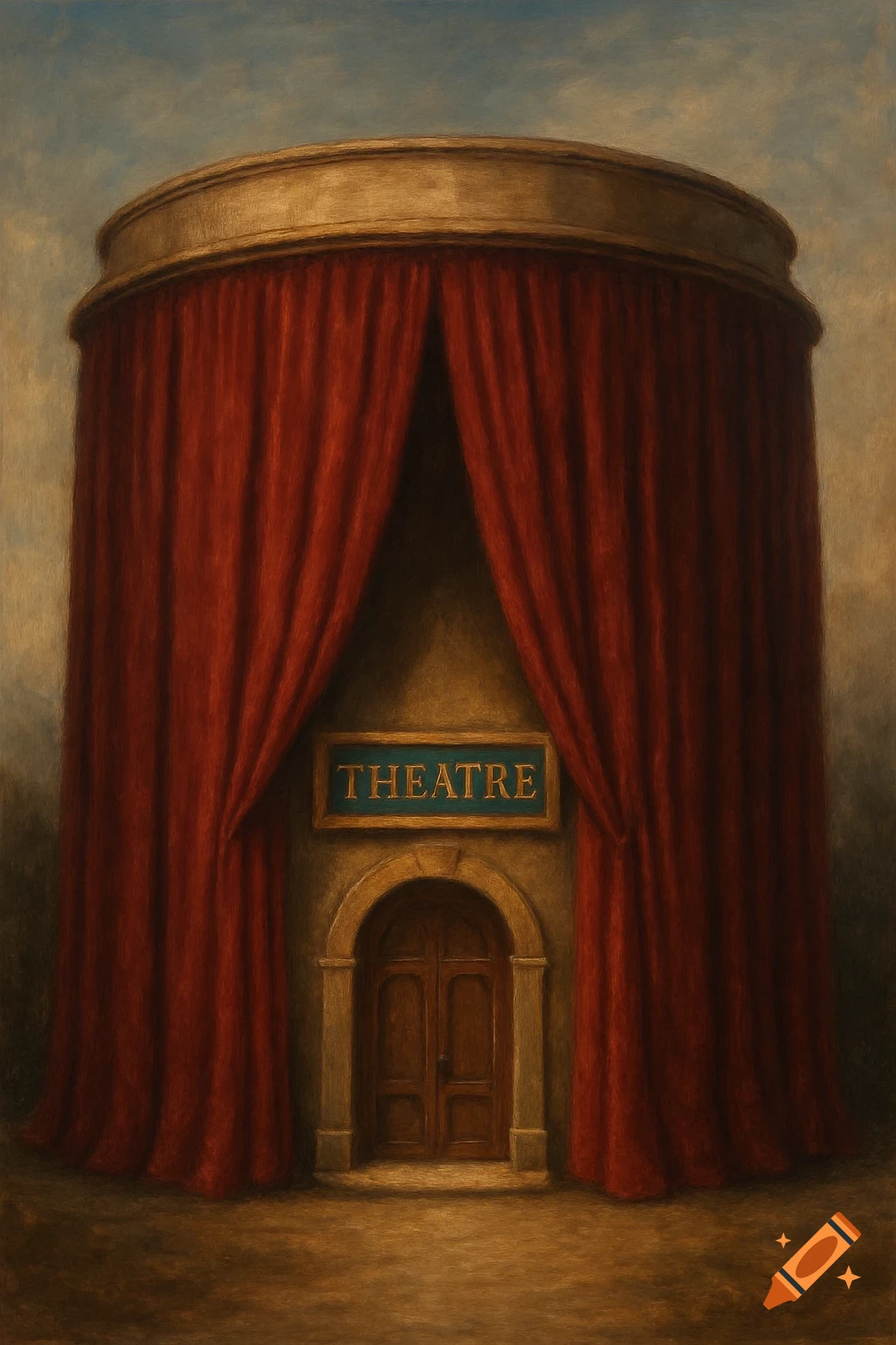 A painterly depiction of a circular theatre building with large red curtains, an arched door, and a 'THEATRE' sign.