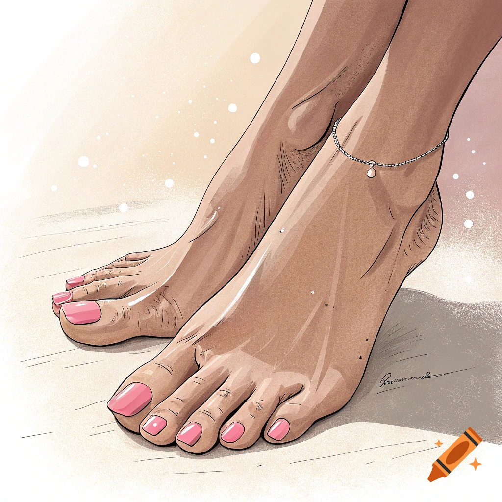 Illustration of two feet with pink nail polish, one adorned with a delicate anklet, standing on a light-colored surface.