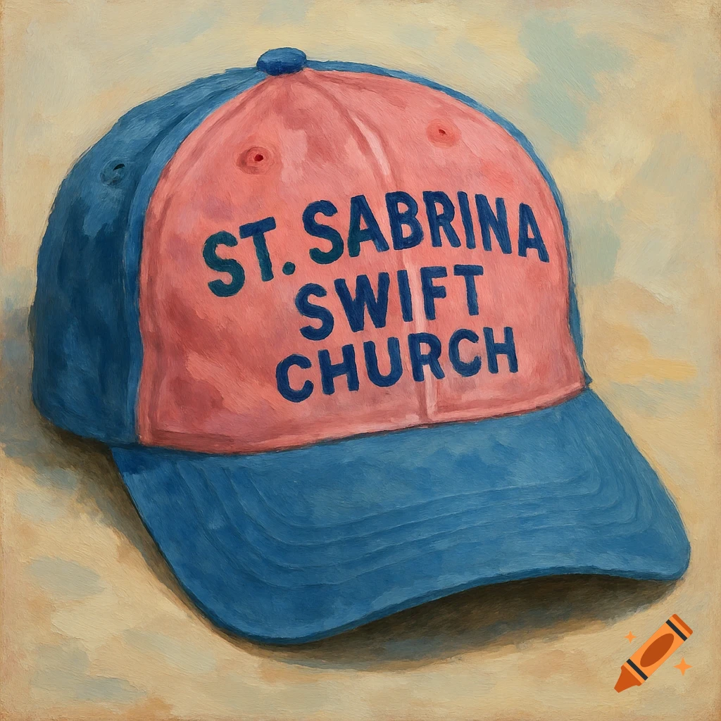 A still life painting of a pink and blue baseball cap with 'ST. SABRINA SWIFT CHURCH' written on the front.
