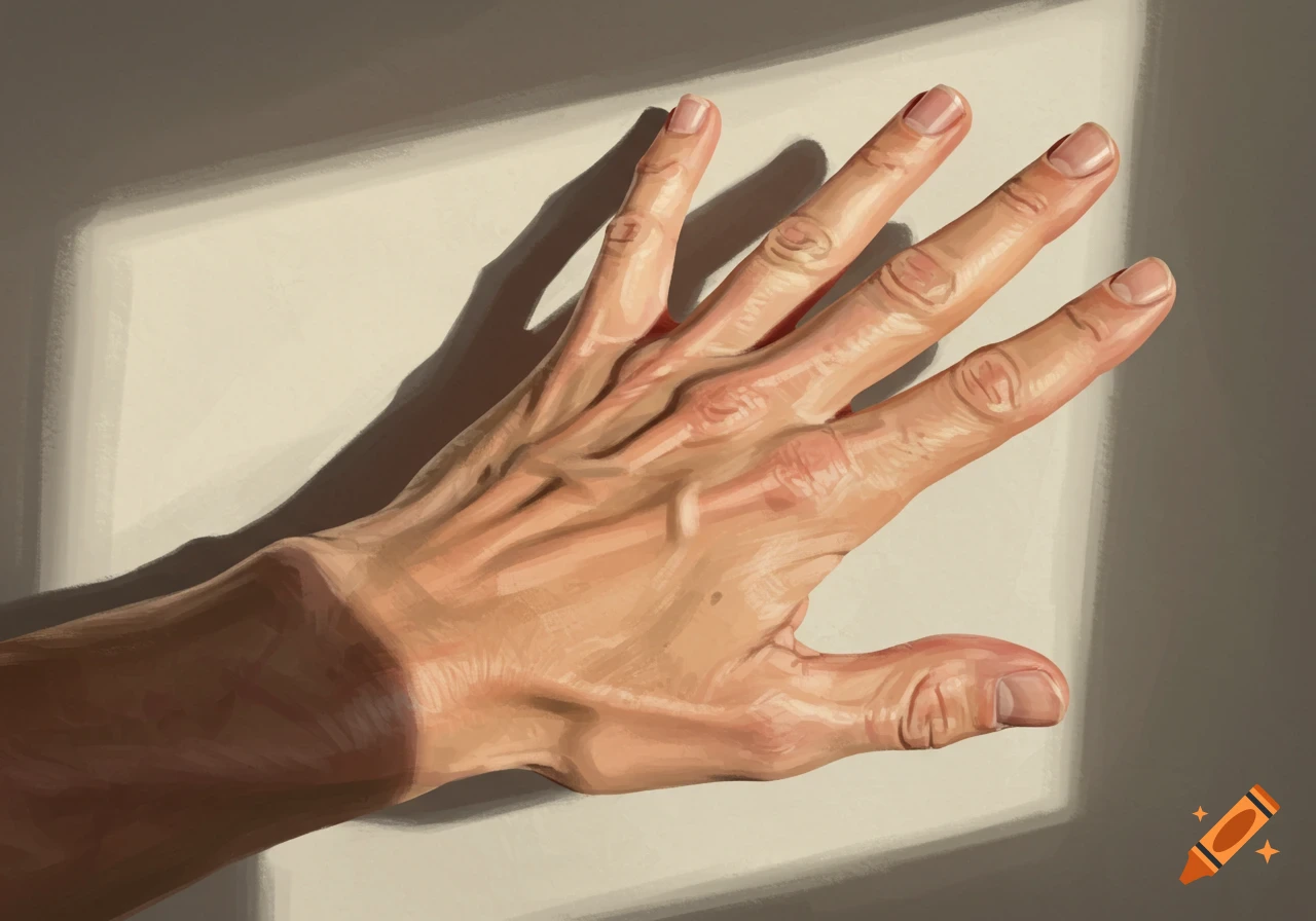 A painting of a human hand illuminated by light, casting a long shadow.