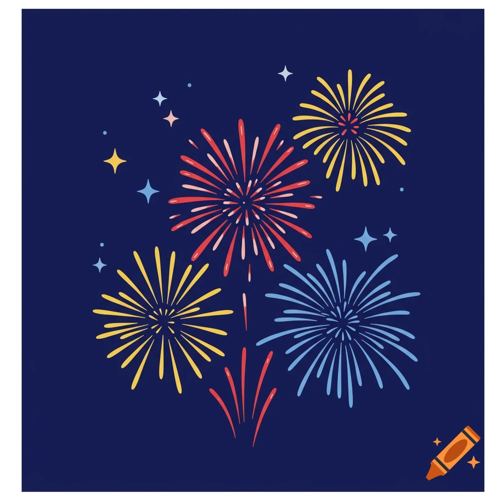 Colorful fireworks and stars burst against a dark blue background in a clip art style.