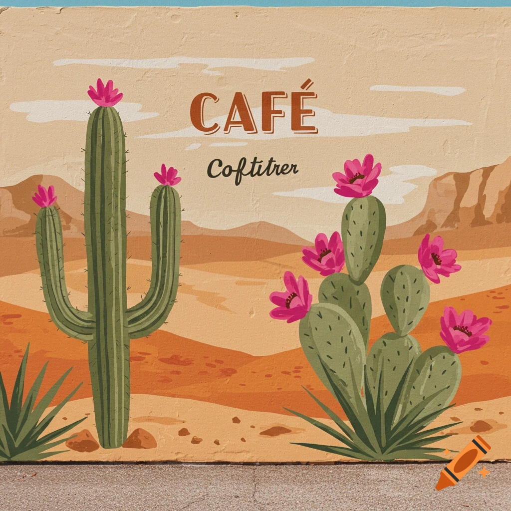 Stylized desert mural with cacti in bloom, mountains, and the words 'CAFÉ' and 'Coftitrer' on a textured wall.