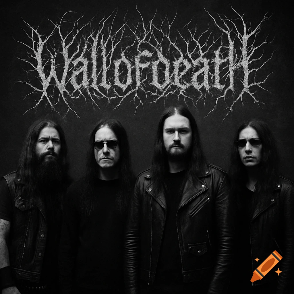A black and white photo of four long-haired men in dark clothing, the band 'Wallofdeath', standing against a dark background with their name above them in a branched font.