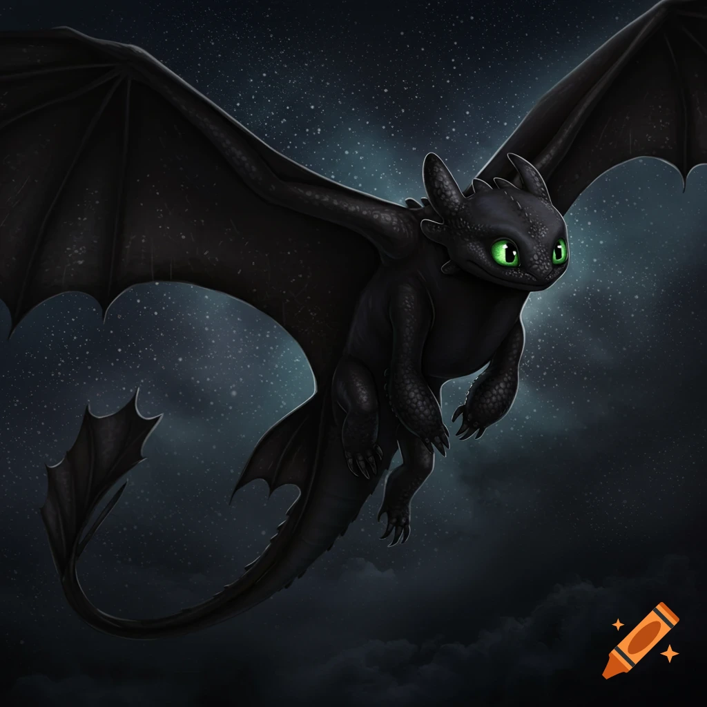 A black dragon with bright green eyes and large wings flies against a starry night sky.