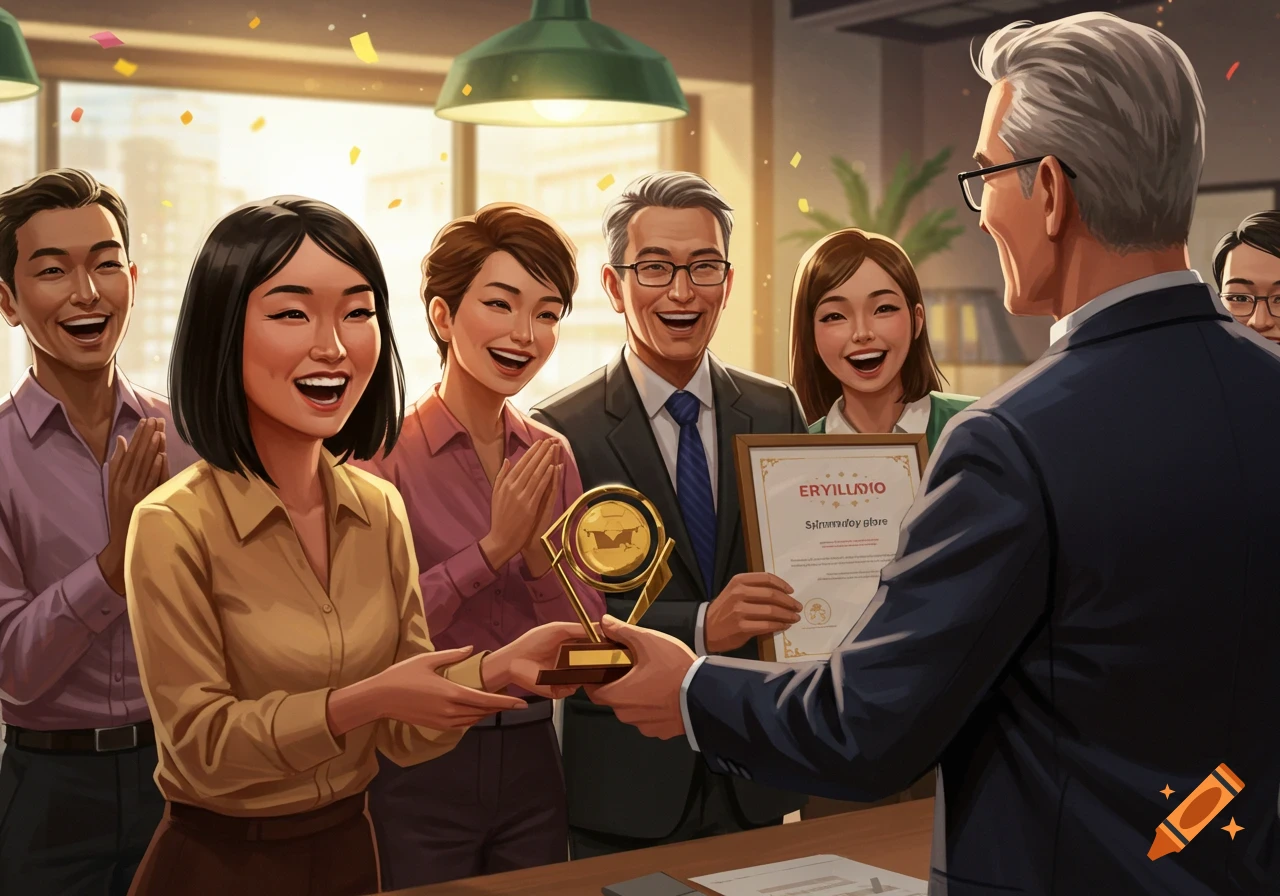 An office team celebrates as a woman receives a trophy and certificate from a man amidst falling confetti.