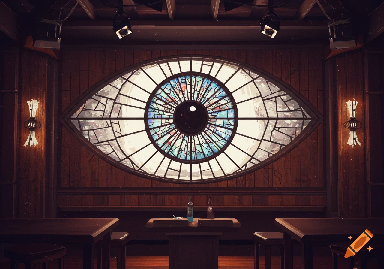 A large, eye-shaped stained glass window with a kaleidoscope-patterned iris dominates a dark, wood-paneled room resembling a bar or dance club.