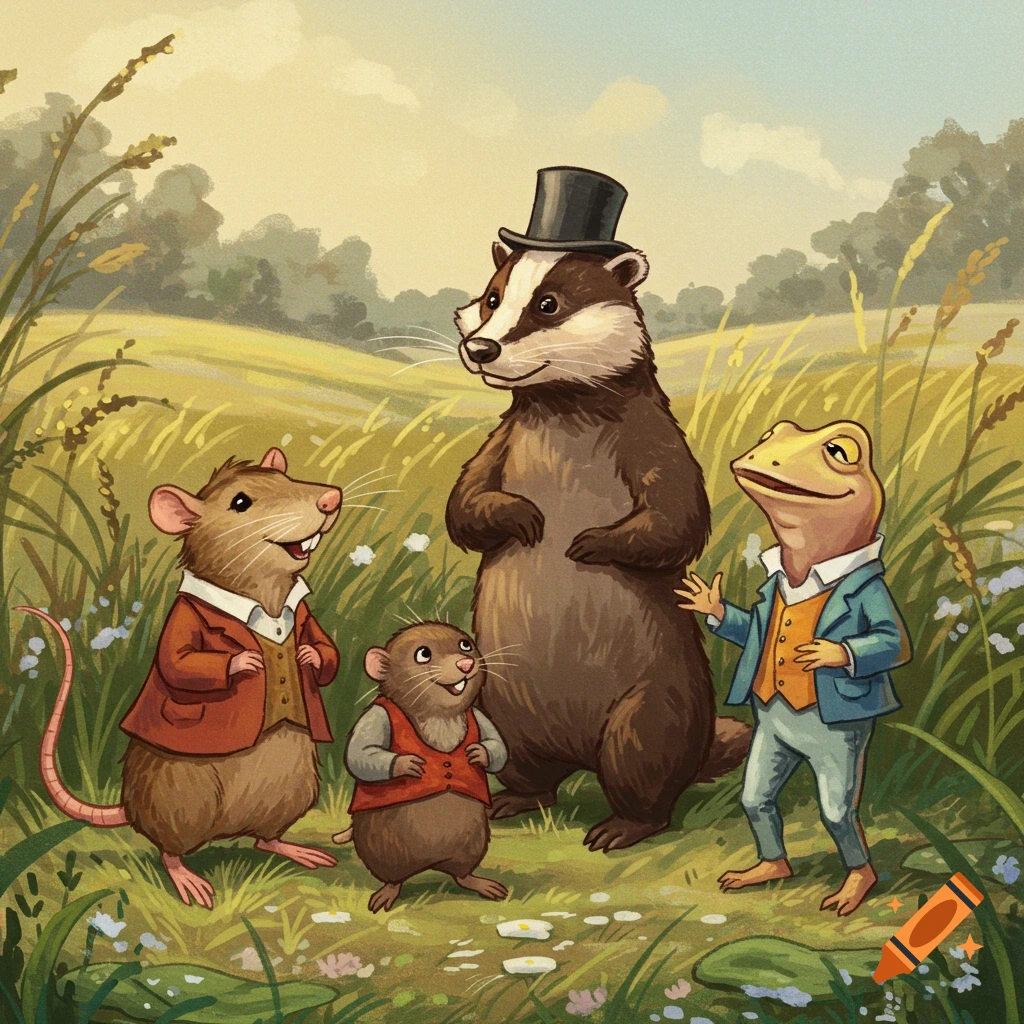 An illustration of anthropomorphic animals: a badger in a top hat, a frog, a large mouse, and a small mole, standing in a grassy field.