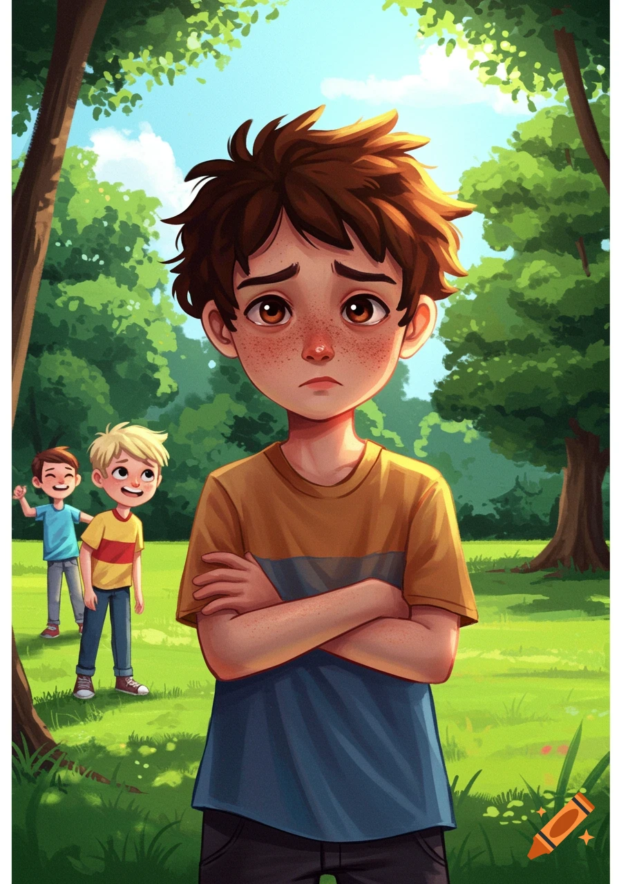 Cartoon illustration of a sad boy with freckles and crossed arms in a park, while two happy boys play behind him.