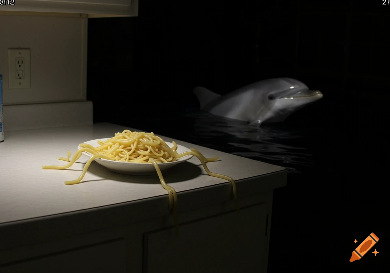 A plate of spaghetti with strands resembling legs rests on a kitchen counter, with a dolphin partially submerged in dark water in the background.