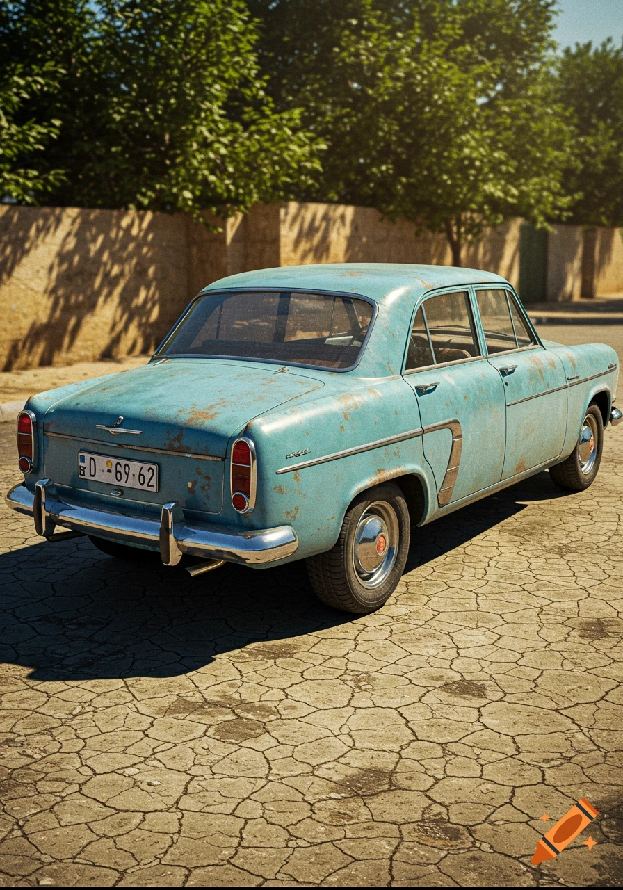 A photorealistic image of a rusty, light blue vintage car parked on cracked ground with a wall and trees in the background under sunlight.