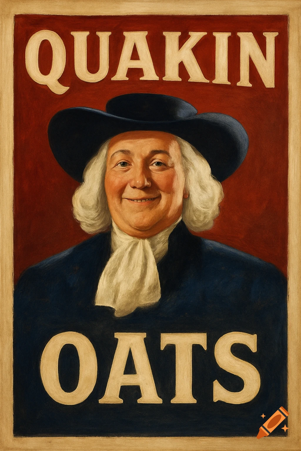 A smiling man in a Quaker hat and cravat, in an old-fashioned advertisement for QUAKIN OATS.