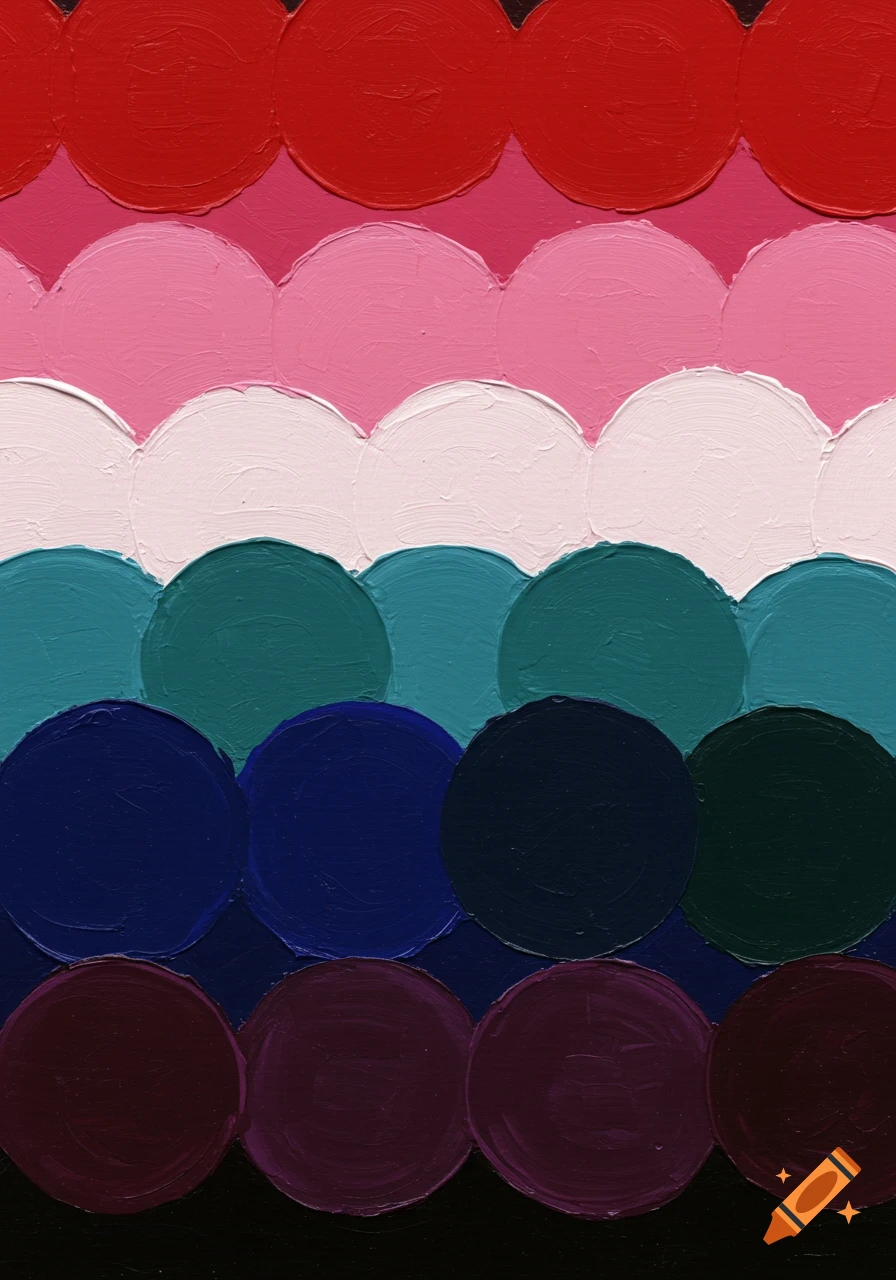 Close-up abstract painting of horizontally aligned rows of textured circular shapes in various colors, including red, pink, white, teal, dark blue, and dark red.