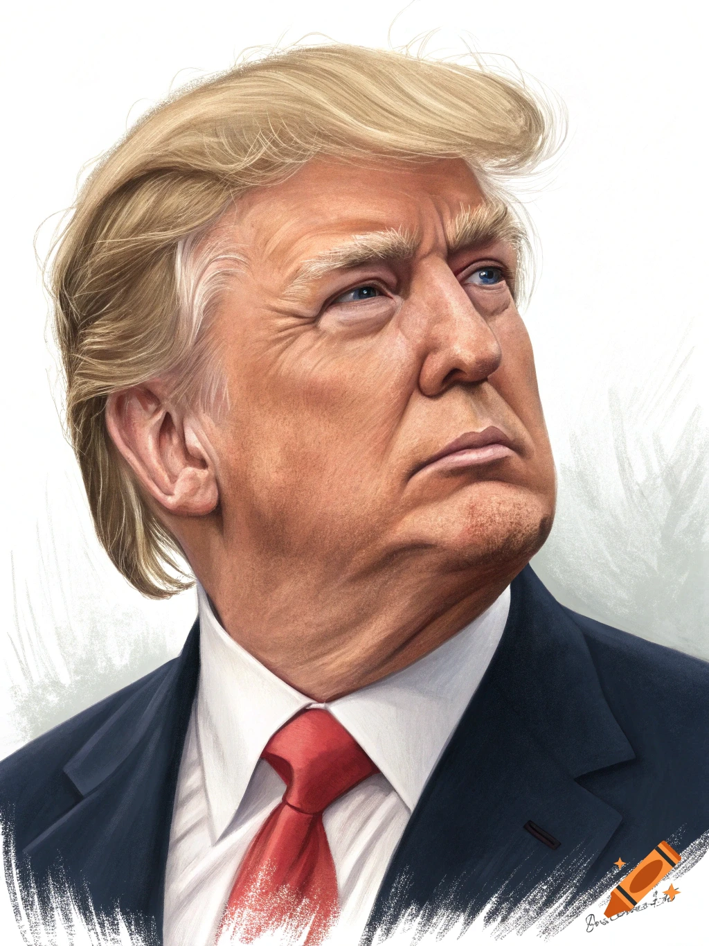 Caricature of Donald Trump in a suit and red tie, looking up and to the right.