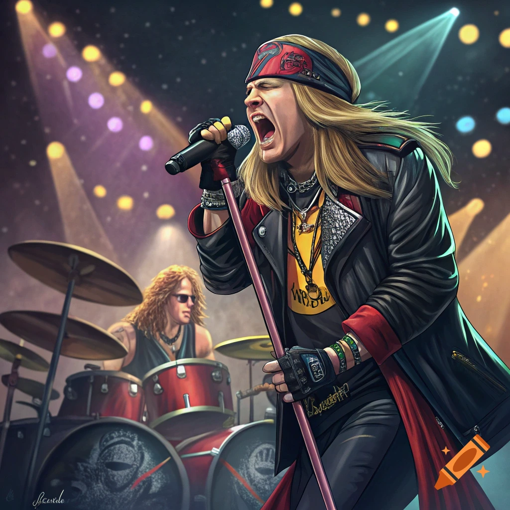 Axl Rose sings intensely into a microphone on stage, with a drummer in the background, under bright stage lights.