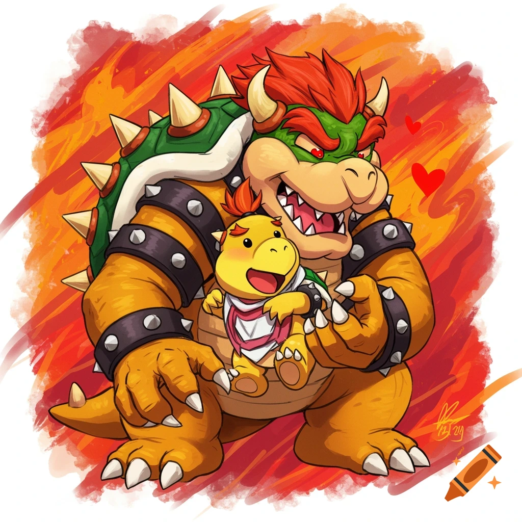 Bowser and Bowser Jr. are hugging, surrounded by a warm, fiery background in a cartoon illustration style.