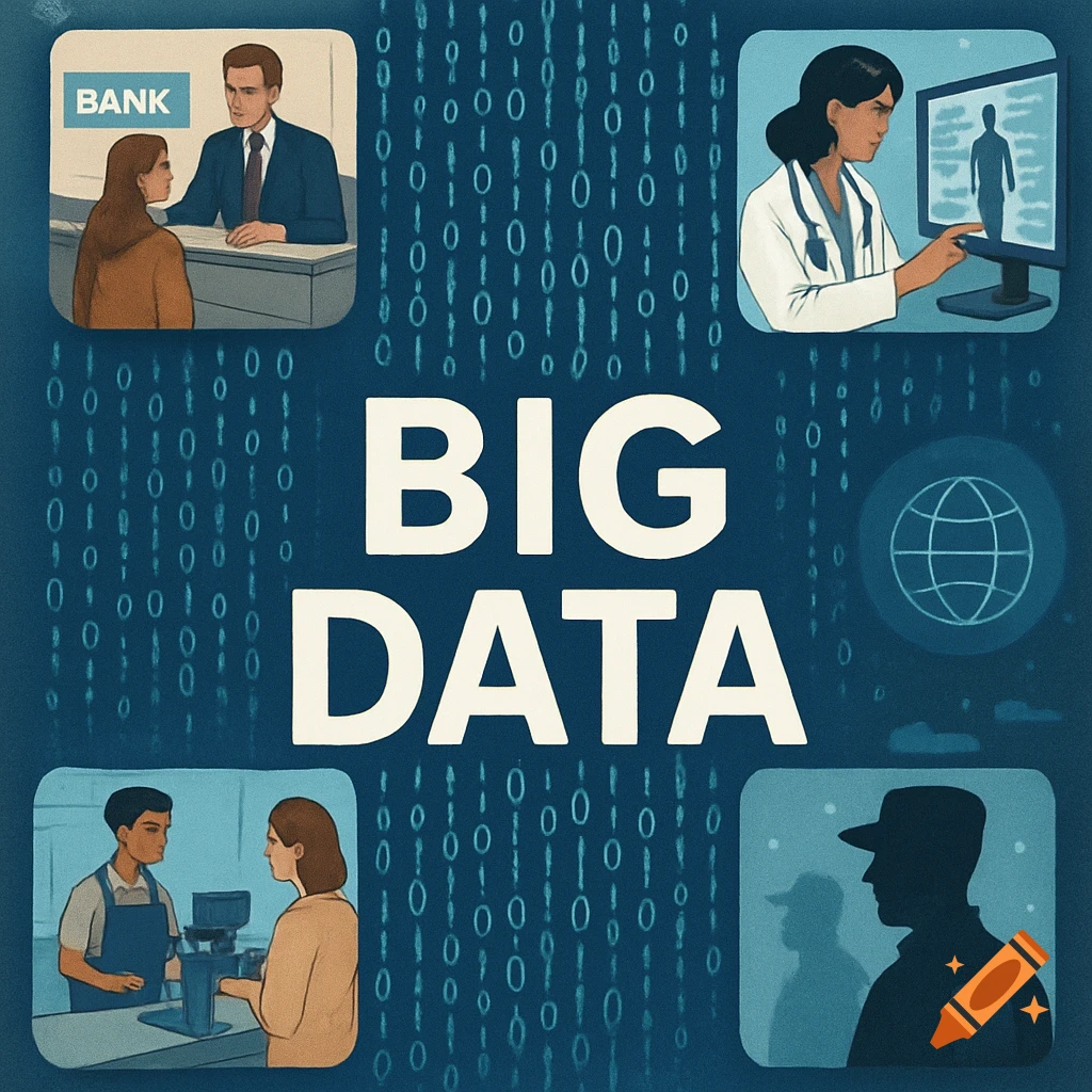 An illustration with "BIG DATA" text, featuring panels of a bank, a doctor, a shop, and a security-related silhouette against a blue binary code background.