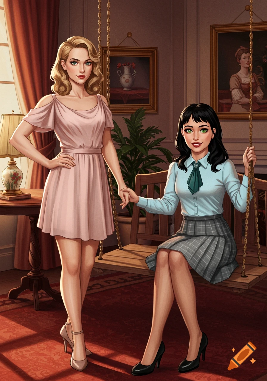 An illustration of two women in an elegant 1950s room. One blonde in a pink dress stands, holding hands with a dark-haired woman in a blue blouse sitting on a swing.