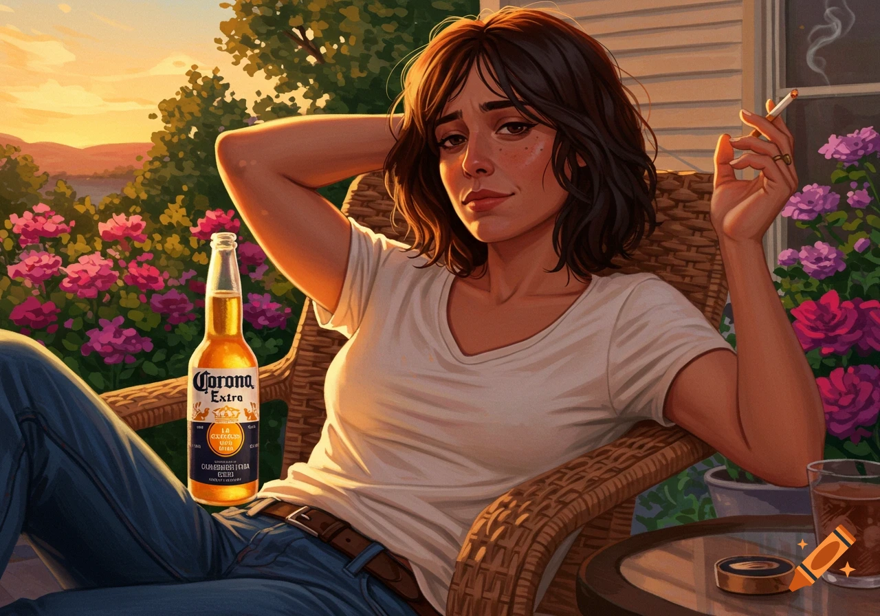 A stylized illustration of a woman with short brown hair relaxing in a wicker chair outdoors at sunset, holding a cigarette and with a Corona bottle nearby.