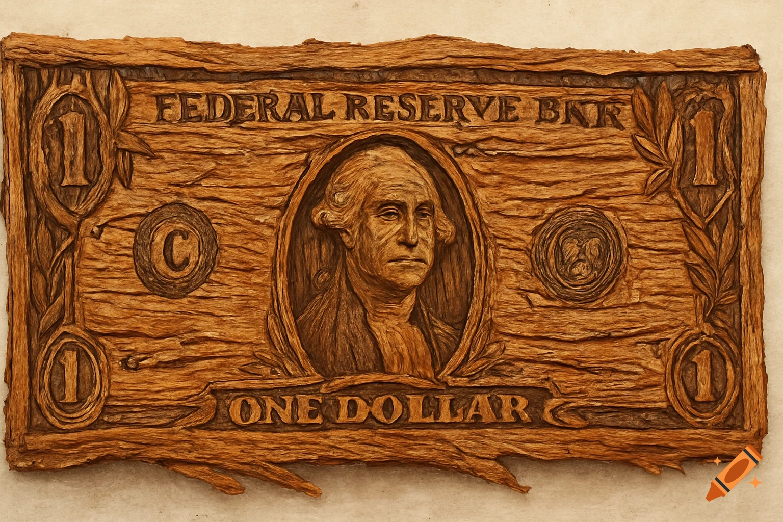 A detailed carving of a one-dollar bill made from rough cedar bark, featuring George Washington's portrait and "ONE DOLLAR" text.