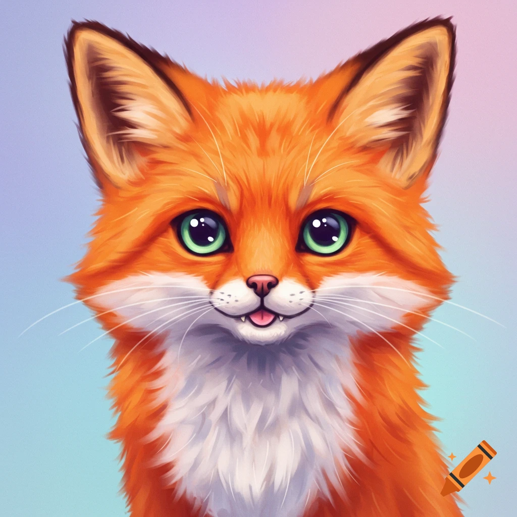 A cute, detailed illustration of a fox head with large green eyes and a slight smile.