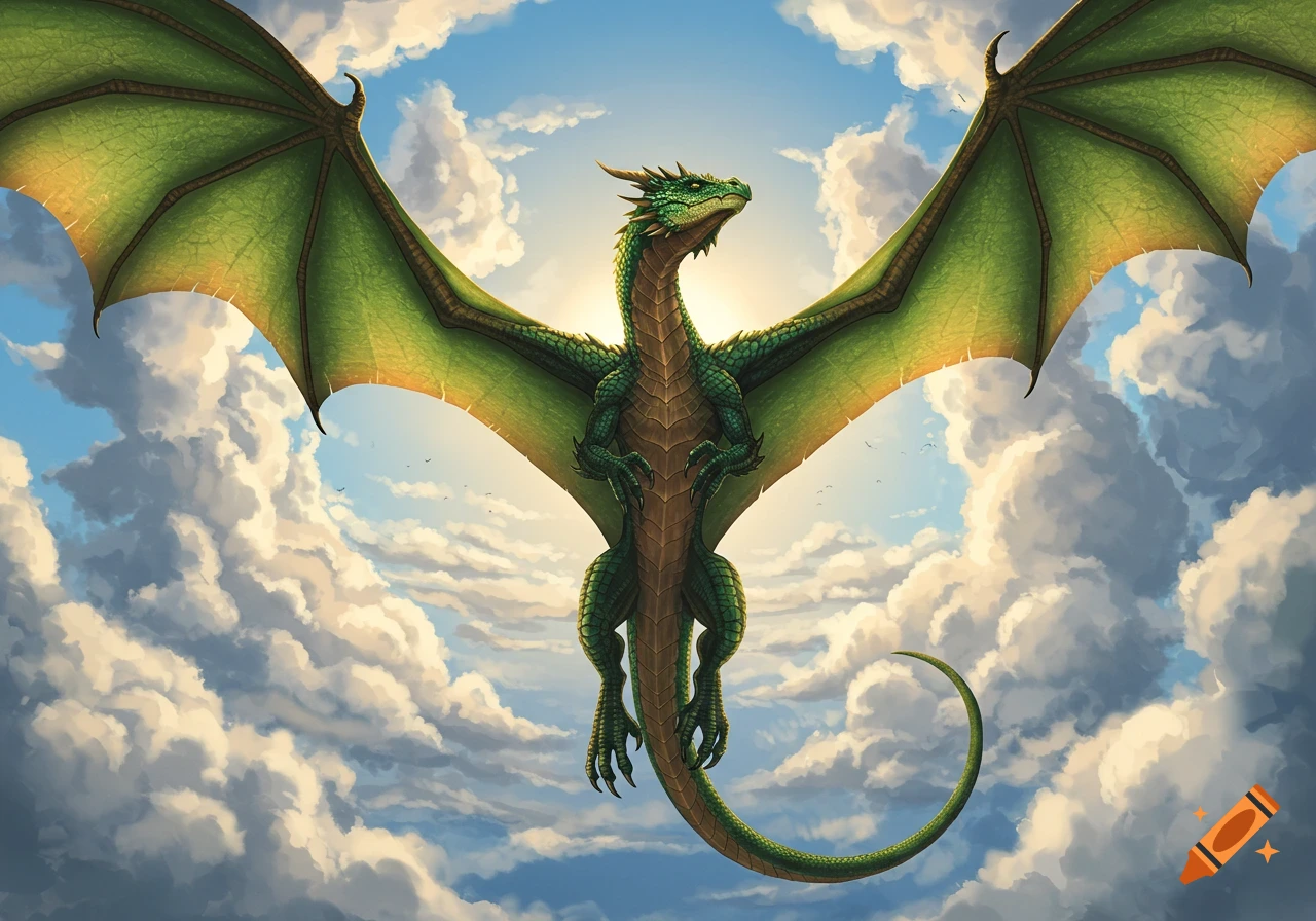 A majestic green dragon with large wings soars through a blue, cloudy sky, seen from a low angle.