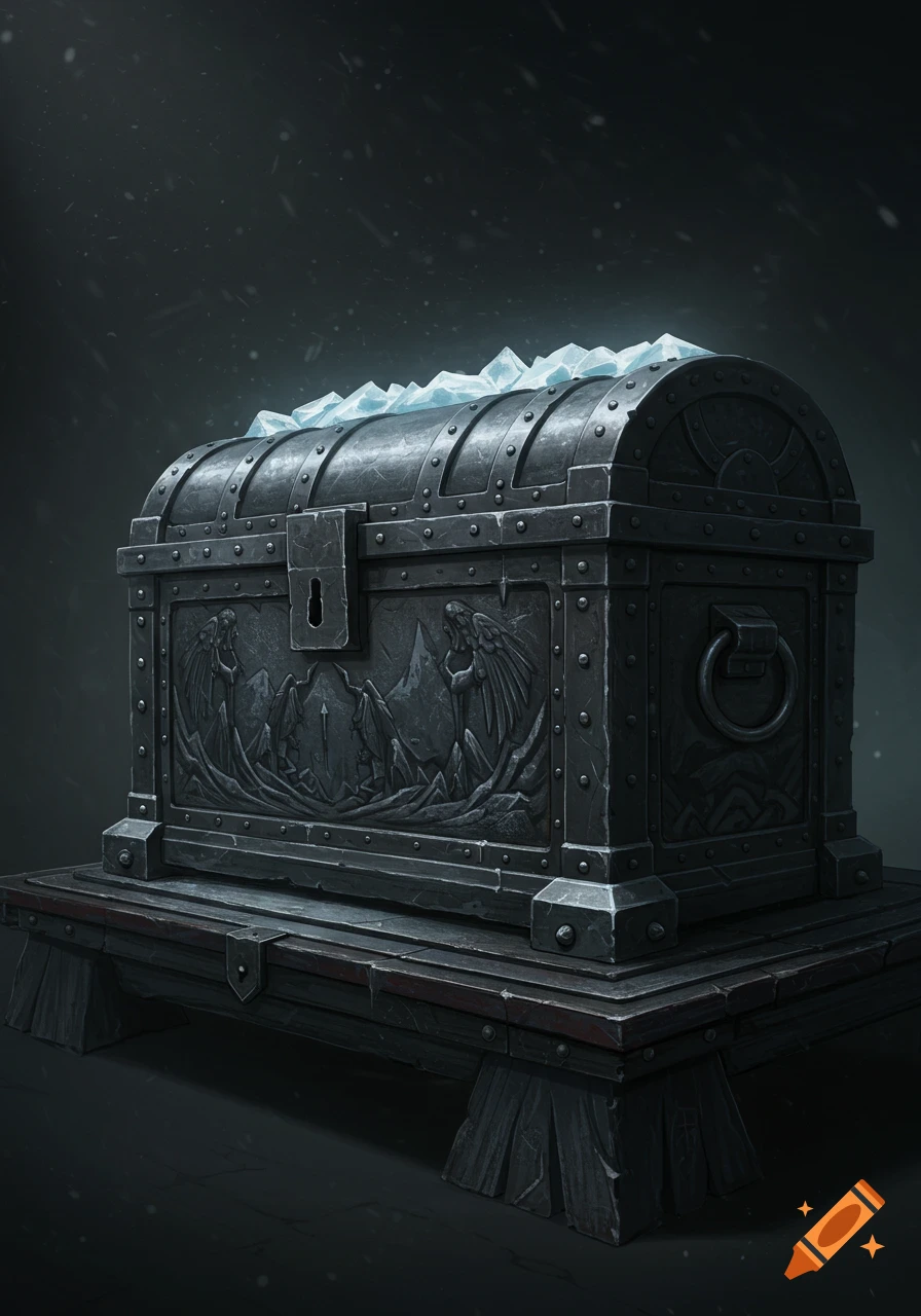 A large, dark metallic treasure chest with ornate carvings and a prominent lock, topped with jagged blue ice, on a wooden stand.