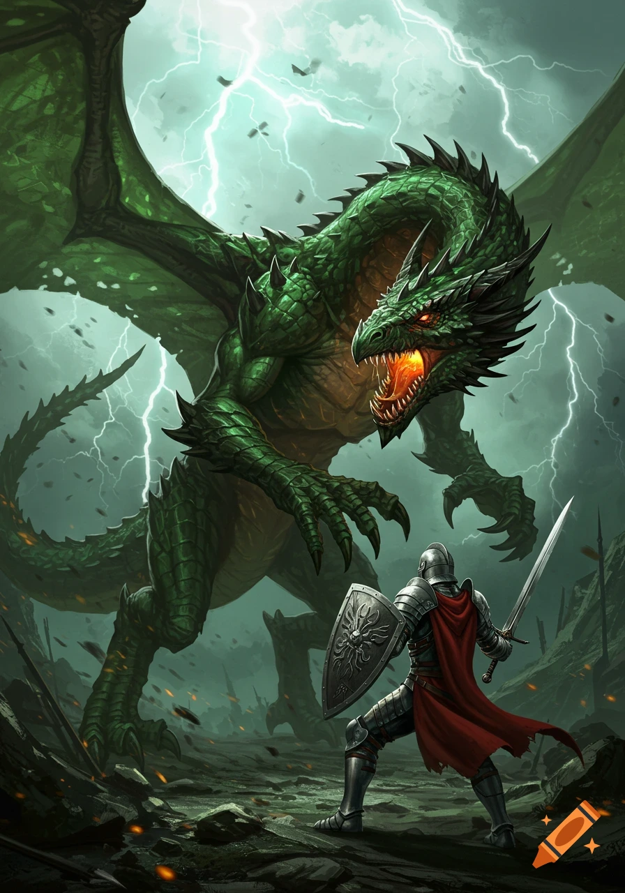 A knight in armor confronts a large green dragon under a stormy, lightning-filled sky in a fantasy illustration.