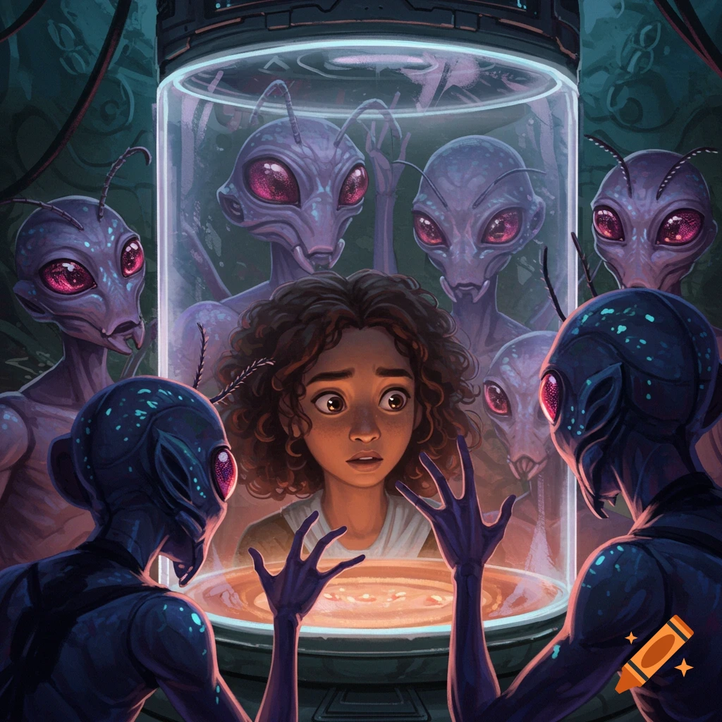 A human girl with curly hair looks surprised in a glass chamber, surrounded and observed by multiple purple, ant-like aliens in a dark, futuristic setting.