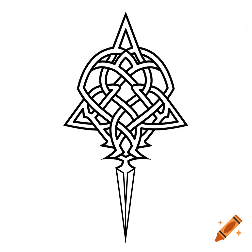 A sharp, black and white Celtic knot symbol with clean lines, featuring an intricate interwoven design and a pointed base.