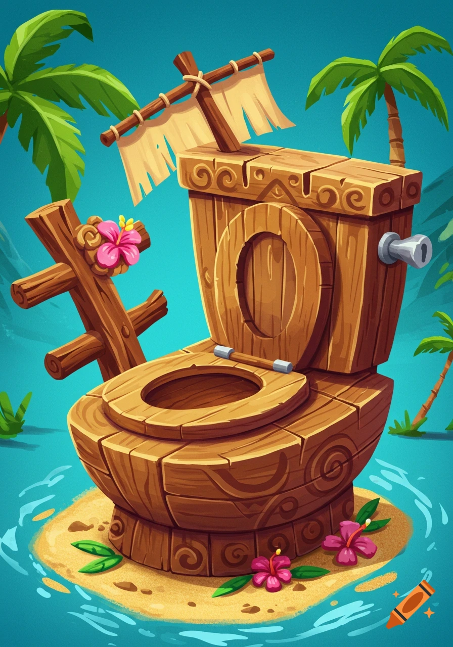 A whimsical, cartoonish illustration of a wooden toilet with tiki carvings and a small sail, sitting on a tiny tropical island with palm trees.