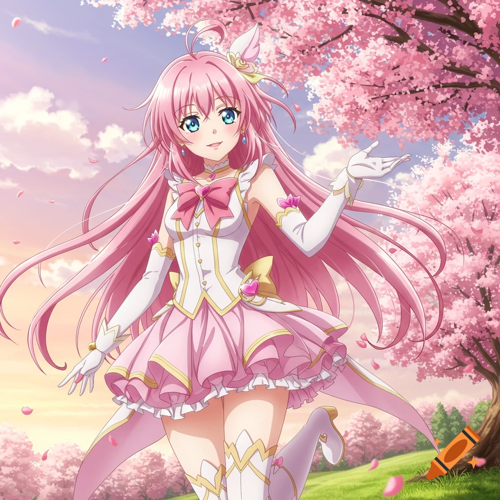 Anime girl with long pink hair and blue eyes in a frilly pink and white dress, standing amidst blooming cherry blossom trees with petals falling.